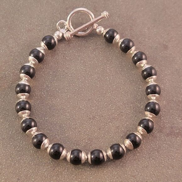 NEW Sterling Silver 6.6mm Onyx Beaded Ball Bracelet - Picture 2 of 6